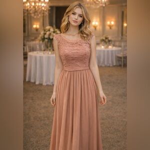 VTG May Queen Blush Lace  Maxi Dress Cottage Prom Bridesmaid Wedding Guest